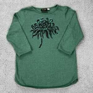 Bob Mackie Wearable Art Top Womens XXS Green Embroidered Flower Art To Wear